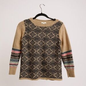 Sundance Tan Diamond Pattern Knit Sweater Women's Size M Fair Isle Sleeve